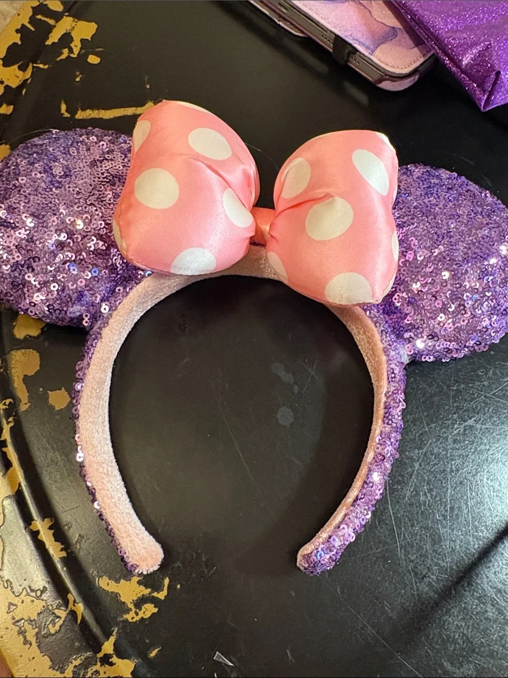 Kids Sequin Minnie Ear Headband with Pink Polka Dot Bow